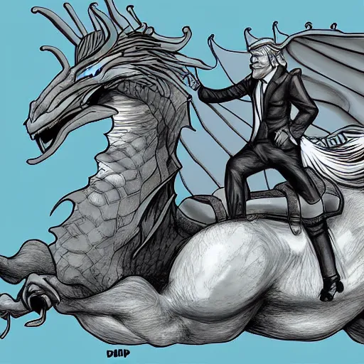 Image similar to trump riding a dragon, digital art