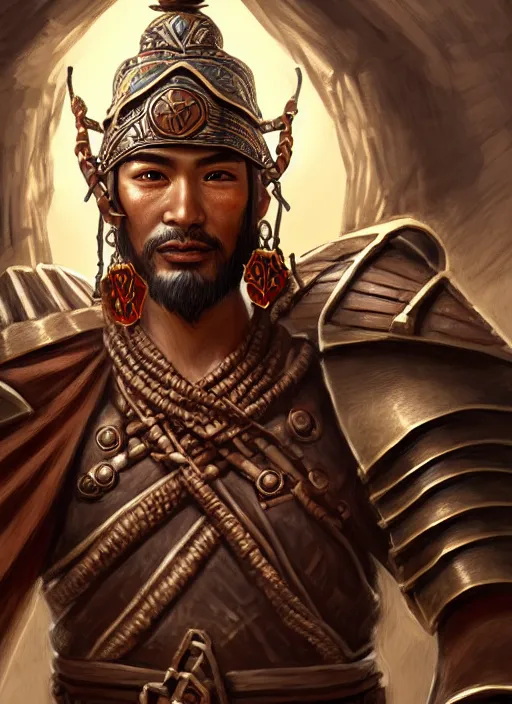 Prompt: smart tai warlord, closeup portrait, historical, ethnic group, traditional tai costume, bronze headset, fantasy, intricate, with leather armor cross onbare chest, elegant, loin cloth, highly detailed, oill painting, artstation, concept art, matte, sharp focus, illustration, hearthstone, art by earl norem