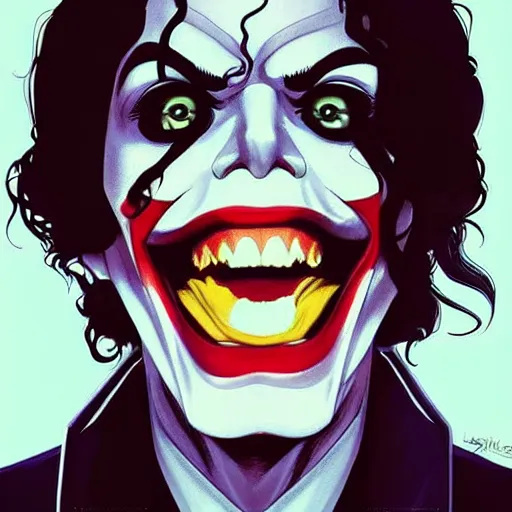 Image similar to michael jackson as the joker laugh on camera. symmetrical anatomy, hyperdetailed, coloured comic, baroque, pop punk art style, fantasy, without duplication, art by artgerm and ilya kuvshinov and vinicius gud and gustavo zambelli, intricate.