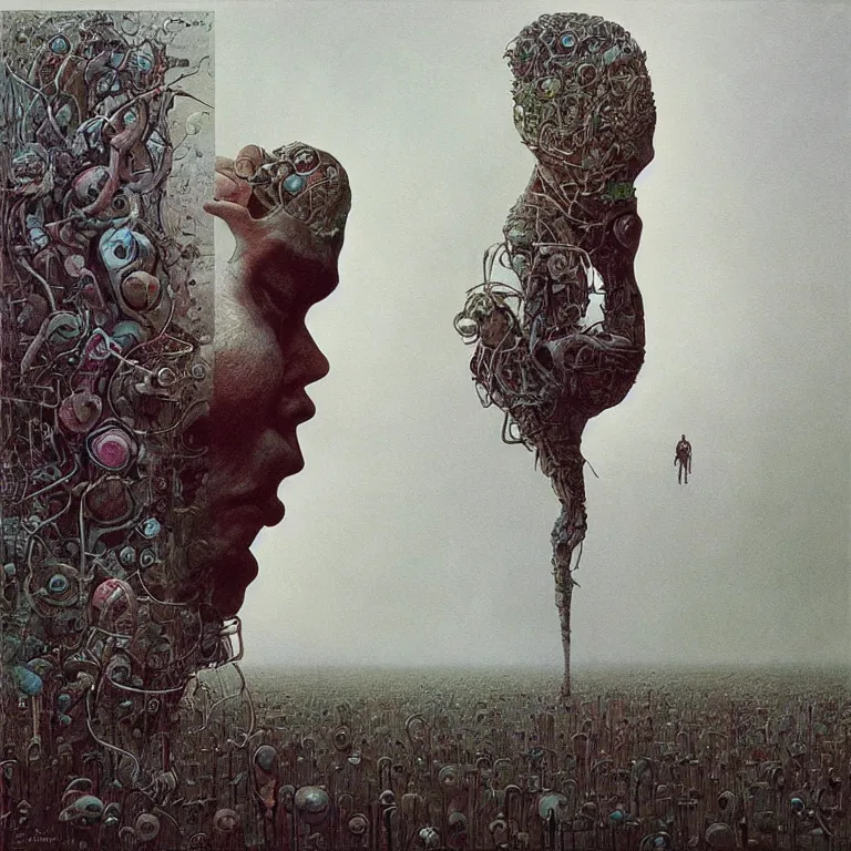 Prompt: Painting, Creative Design, album cover art, Biopunk, human mind, surrealist, by Zdzisław Beksiński and storm thorgerson