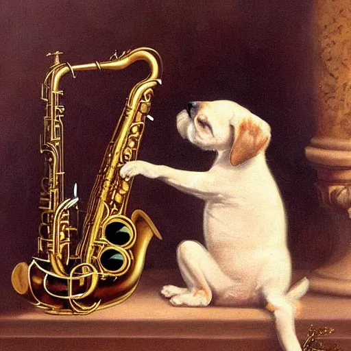 Image similar to a dog plays the saxophone, oil on canvas, 1 8 8 3, highly detailed