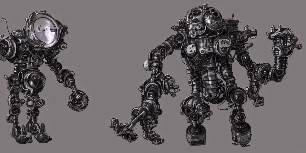 Prompt: realistic robot in van Koch inspired Beholder Concept by Marcus Whinney trending on artstation