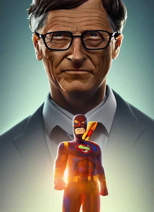 Prompt: big - headed bill gates superhero, hyper detailed, digital art, trending in artstation, cinematic lighting, studio quality, smooth render, unreal engine 5 rendered, octane rendered, art style by klimt and nixeu and ian sprigger and wlop and krenz cushart.