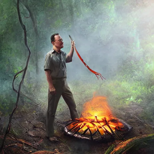 Prompt: Tom Hanks as forrest holding a giant shrimp on a stick over a campfire in the jungle, realistic digital painting, in the style of Aleksi Briclot, photoreailstic, realistic face, amazing detail, sharp