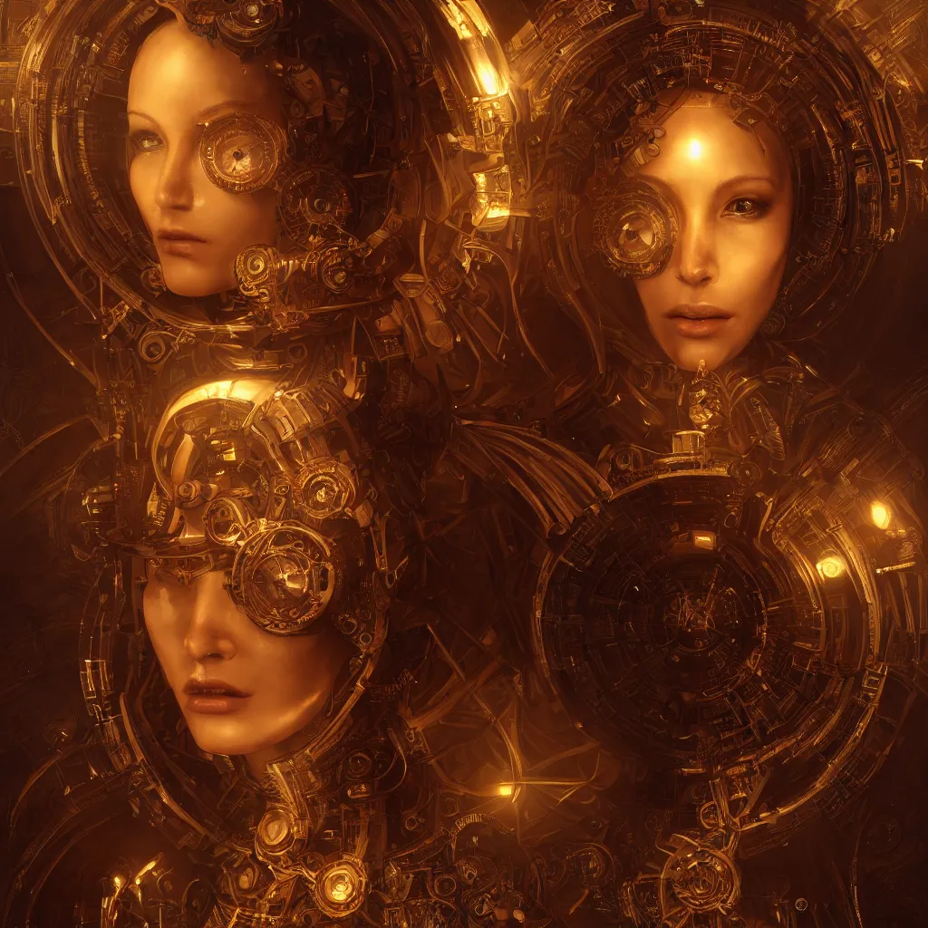 Prompt: portrait android woman time machine beautiful symmetrical face axonometric mechanical fantasy intricate elegant highly detailed, in volumetric void of latent space, golden steampunk, high contrast cinematic light, mystical shadows, digital painting, smooth, sharp focus, divine realm of gods, octane render, photographic, concept art, artist leonardo davinci, unreal engine 8 k