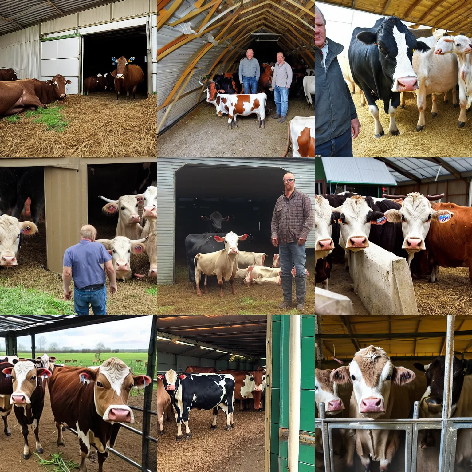 Prompt: A Dutch farmer held hostage by cows in shed