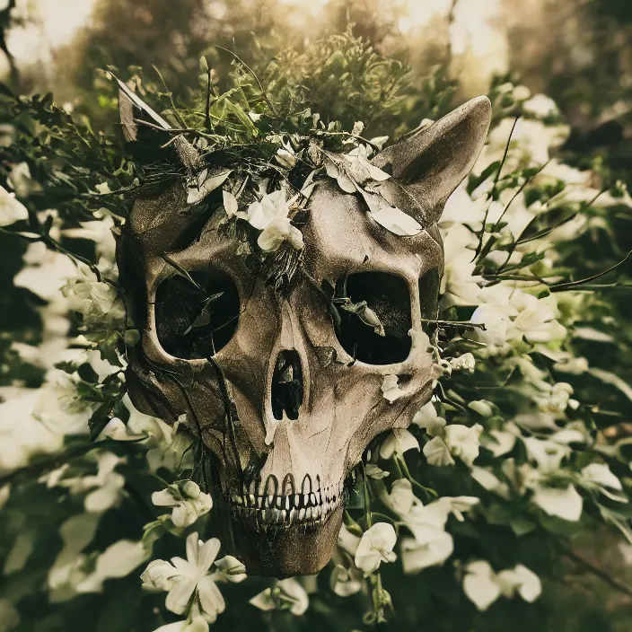 Prompt: overgrown foliage taking over a realistic furry wolf skull, close - up, 3 5 mm, f 1. 8, bokeh, beautiful, lens flare, emotional, sweet, flowers, detailed, picture, trending on artstation, award - winning, shiny, golden