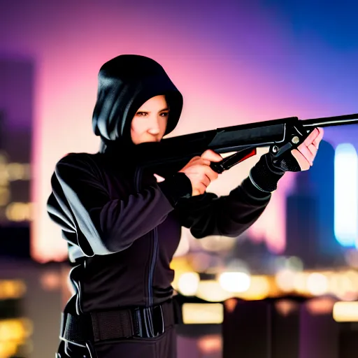 Image similar to photographic portrait of a techwear woman holding a shotgun, closeup, on the rooftop of a futuristic city at night, sigma 85mm f/1.4, 4k, depth of field, high resolution, full color, Die Hard, movies with guns, movie firearms