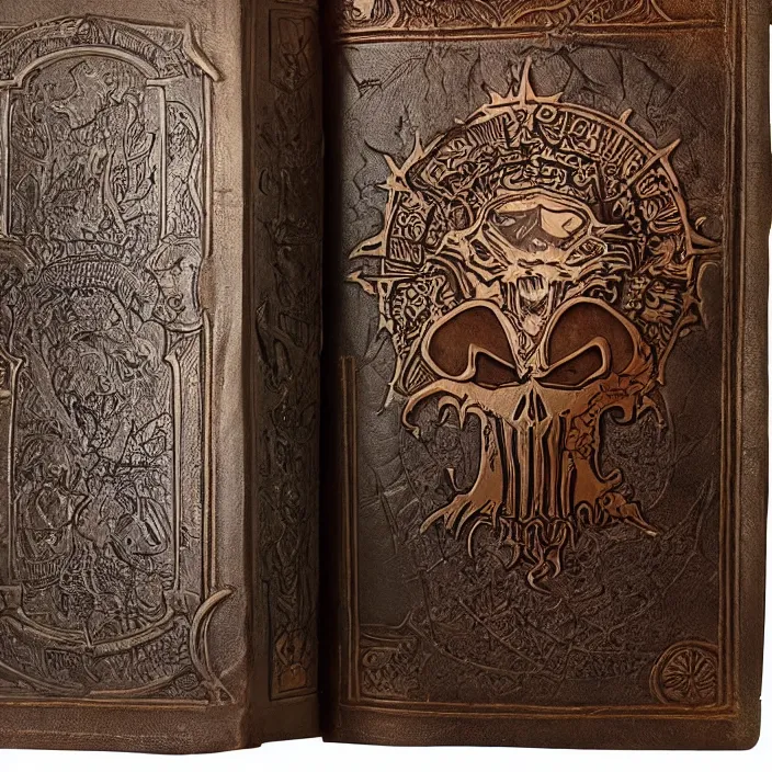 Prompt: ancient fantasy punisher library with punisher leather bound book showing page featuring punisher symbol. background light rays in dust