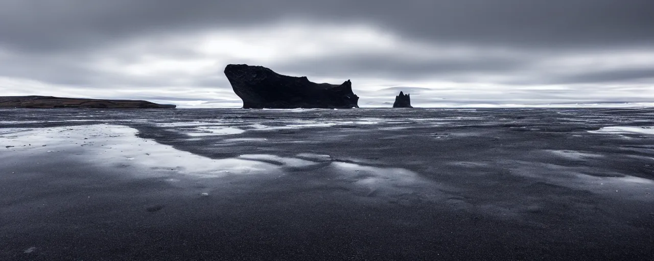 Image similar to cinematic shot of giant symmetrical futuristic military spacecraft in the middle of an endless black sand beach in iceland with icebergs in the distance,, 2 8 mm