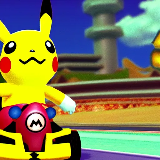 Prompt: Pikachu in Mario Kart, screenshot,