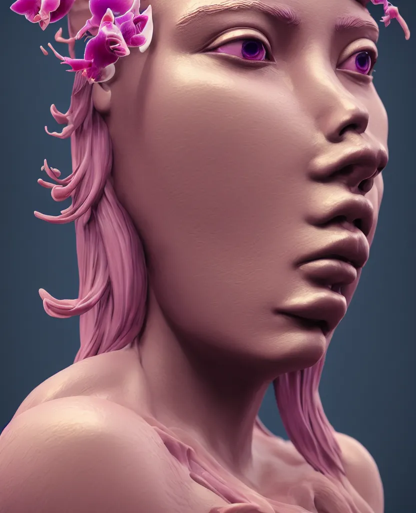 Image similar to goddess full painted acryllic sculpture close-up portrait. orchid bird betta fish, intricate artwork by Tooth Wu and wlop and beeple. octane render, trending on artstation, greg rutkowski very coherent symmetrical artwork. cinematic, hyper realism, high detail, octane render, 8k