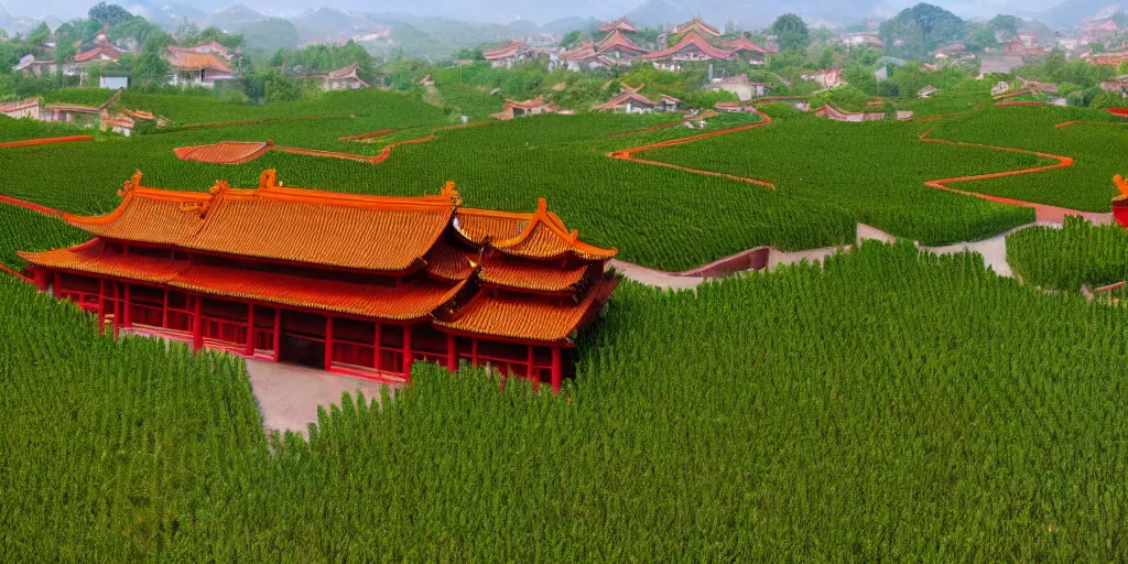 Image similar to A Chinese style winery with red walls and a green roof. The vineyards are sprawling and green, with a river winding through them. In the distance, there are mountains. immaculate scale, hyper-realistic, Unreal Engine, Octane Render, digital art, trending on Artstation, 8k, detailed, atmospheric, immaculate