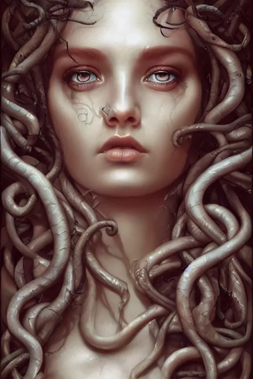Prompt: a close - up portrait of a hauntingly beautiful medusa, painted by artgerm and tom bagshaw, highly detailed digital art