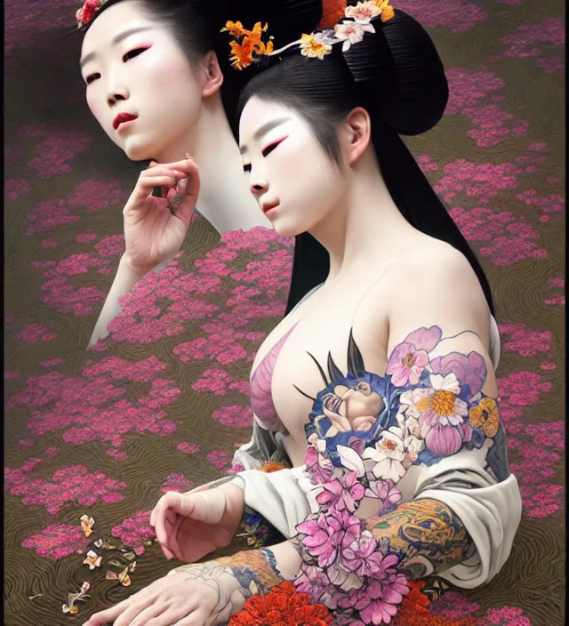 Image similar to baroque portrait of one yakusa biomechanic geisha with tattoos is lying down in a river made of thousand of flowers, backlighting, photorealistic, octane render, 8 k, depth of field, art by artgerm and greg rutkowski and alphonse mucha and uang guangjian