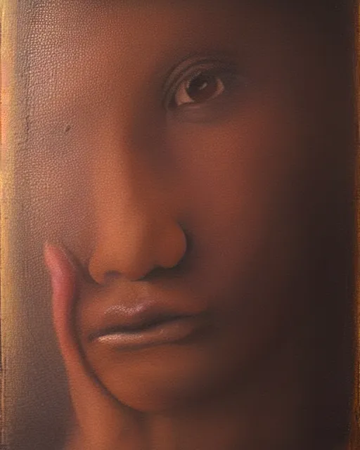 Prompt: a close up portrait a very ordinary young woman with an blank expression, by sarah moon, very dark skin, very blurry, translucent skin, foggy, oil painting, photorealistic, anatomically correct, beautiful perfect face, visible brushstrokes, sharp focus, highly detailed, cinematic lighting, 8 k, hd