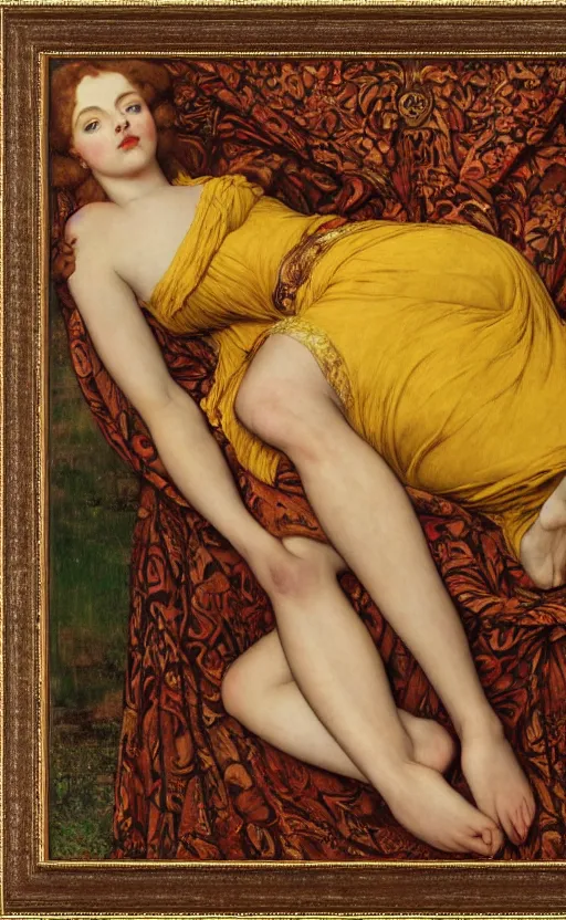 Prompt: preraphaelite full body reclining portrait photography masterpiece, hybrid of judy garland and a young thin jo brand, foreshortening, brown hair fringe, yellow ochre ornate medieval dress, kilian eng and william holman hunt, frederic leighton, ford madox brown, william morris, framed, 4 k