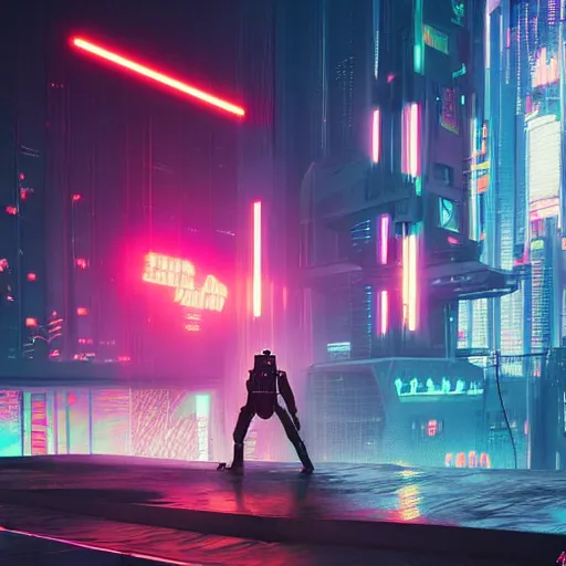 Prompt: darth vader standing looking down in the ground, cyberpunk 2049 city, night time, neon lights, trending on artstation