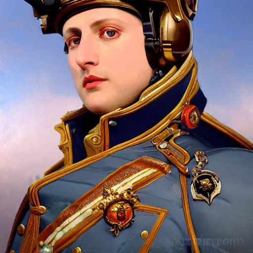 Image similar to portrait of divine emperor napoleon bonaparte as maverick in top gun, handsome, jet pilot, visor, dieselpunk steampunk napoleonic french baroque, metal shoulder pauldrons, intricate, highly detailed, digital painting, artstation, concept art, sharp focus, cinematic lighting, illustration, art by artgerm and greg rutkowski, alphonse mucha, cgsociety