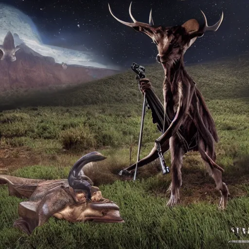 Image similar to colonial big game hunter sitting for a professional photo after shooting a large alien creature, matte painting, symmetrical, professional photo, wilderness behind