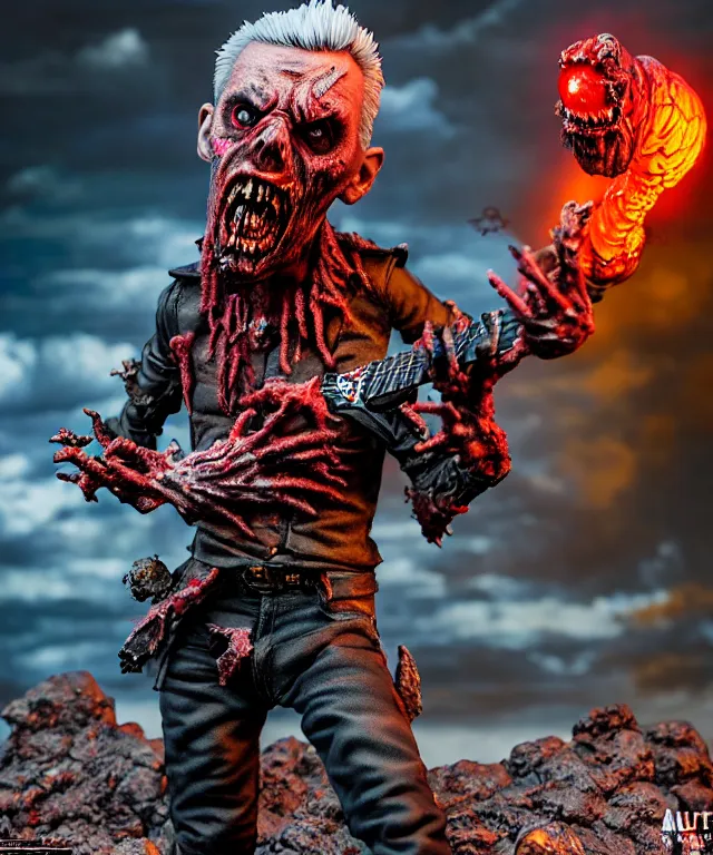 Image similar to hyperrealistic rendering, epic boss battle, punk rock zombie, by art of skinner and richard corben, product photography, collectible action figure, sofubi, hottoys, storm clouds, outside, lightning