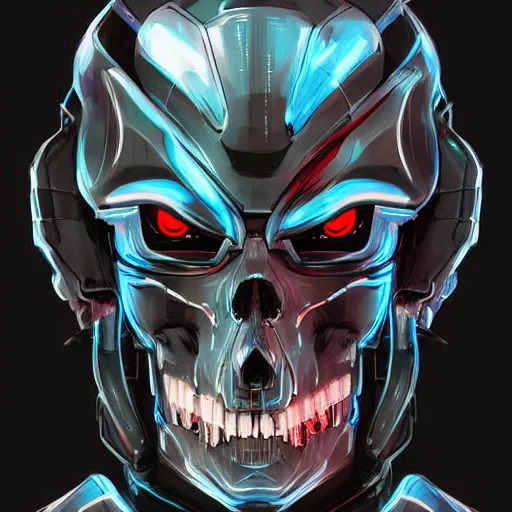 Image similar to centered front face hyperdetailed portrait of a mecha skull ronin wearing hoodie, 8k, digital painting, futuristic, black neon lights, trending on CG society