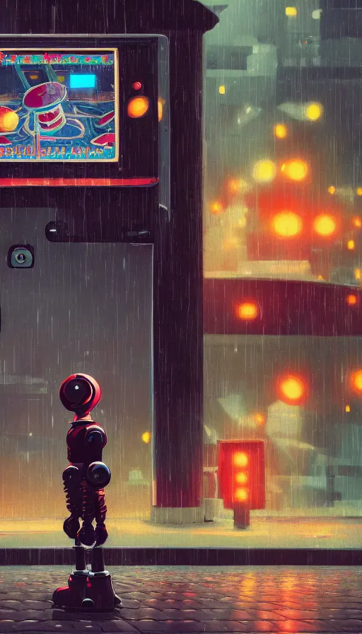 Image similar to arcade cabinet robot begging for coins in the rain, sharp focus, james gilleard, cinematic, game art, extremely detailed digital painting, print