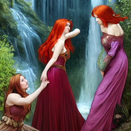 Image similar to a highly detailed byzantine painting of three sultry red haired vampire queens sharing a soft kiss under a waterfall in a gossamer purple dress, epic fantasy, viewed in profile from far away, ultrawide lens, art by artgerm and greg rutkowski and alphonse mucha, volumetric lighting, 4 k resolution, trending on artstation, masterpiece