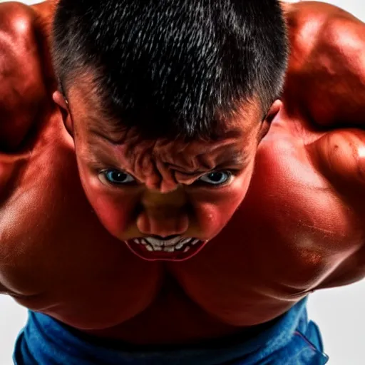 Image similar to huge muscles bodybuilder toddler, angry, ready to fight, red face, 2 years old, barrel chested, rippling muscles, huge veins, bulging muscles, ripped, award winning photography, high detail