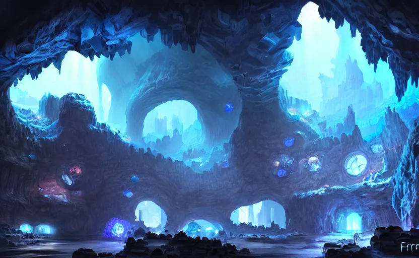 Image similar to factory in a giant dark cave, black rocks cave, detailed cave stones, deep cave, dramatic light, blue crystals, hyper detailed, realistic, intricate, concept art by frank hong, mate painting, artstation