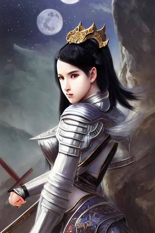 Prompt: portrait black hair young knights of Dynasty Warriors girl, matt white color armor, in ruin chinese temple rooftop moon light night, ssci-fi and fantasy, intricate and very beautiful and elegant, highly detailed, digital painting, soft light, artstation, concept art, smooth and sharp focus, illustration, art by tian zi and WLOP and alphonse mucha