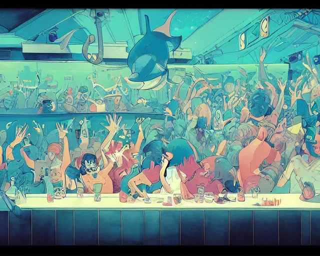 Prompt: a study of cell shaded cartoon of dolphins raving in a nightclub, illustration, wide shot, subtle colors, post grunge, concept art by josan gonzales and wlop, by james jean, Victo ngai, David Rubín, Mike Mignola, Laurie Greasley, highly detailed, sharp focus, alien, Trending on Artstation, HQ, deviantart, art by artgem