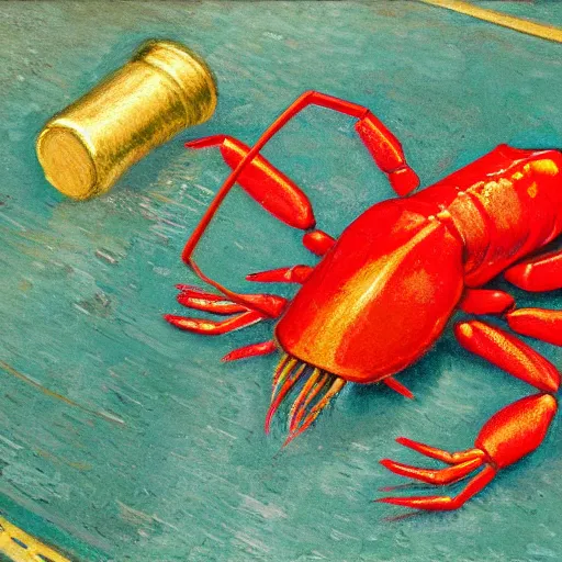 Image similar to red robotic crayfish cut the gold medal's ribbon from human neck by hand, 4 k, oil painting, van gogh