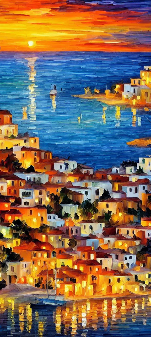 Image similar to beautiful seaside greek village at sunset in the style of leonid afremov