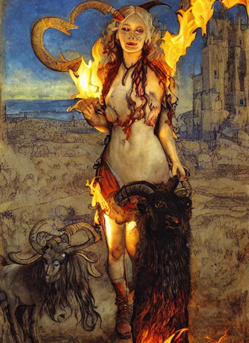 Image similar to half length portrait of a bautiful witch girl burning with a goat in her hands, glowing fire, medieval castle, by mikhail vrubel, by peter elson, muted colors, extreme detail, trending on artstation, 3 5 mm, aperture 1. 2, 8 k