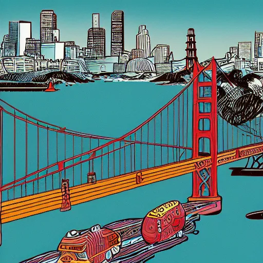 Prompt: an illustration of san fransisco in the style of moebius