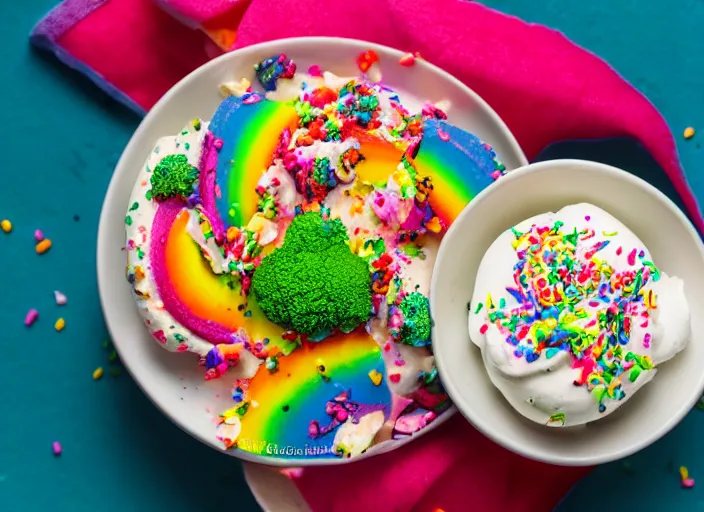 Image similar to food photo still of soft serve swirled frozen yogurt topped with broccoli and rainbow sprinkles, 8 5 mm f 1. 8 studio lighting