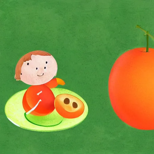 Image similar to a cartoon of a watermellon and an orange having a picnic. digital art. children's book illustration