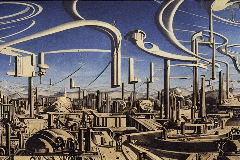Image similar to cyborgs wander cybernetic architecture alien scifi landscape concept art by giorgio de chirico