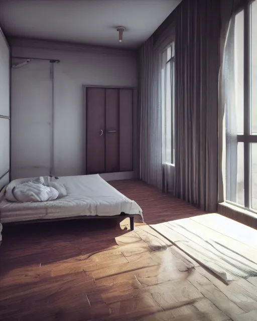 Prompt: one room apartment, bed, kitchen, door to balcony, cramped, unreal engine 5, hyper realism, realistic shading, cinematic composition, blender render, octane render, hdr, detailed textures, photorealistic, wide shot