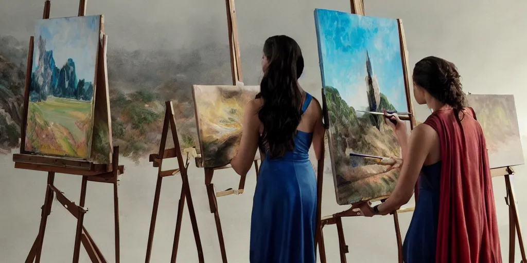 Image similar to gal gadot, stands at a her easel, dressed as wonder woman, paints beautiful landscape art, soft focus, long exposure