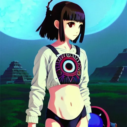 Image similar to beautiful boyish natalie portman gravure model in majora's mask, wearing big mayan bomber jacket with overalls and leotard, big bomber jacket with subtle mayan patterns, aztec bathing suit, gapmoe yandere grimdark, trending on pixiv fanbox, painted by greg rutkowski makoto shinkai takashi takeuchi studio ghibli, akihiko yoshida