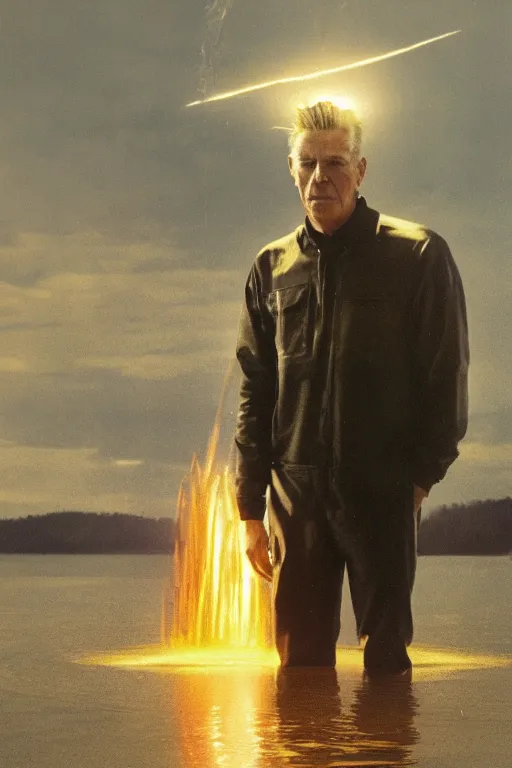 Prompt: h. p. baxxter standing in water with explosion in background, full body, reflection in water, volumetric lighting, golden ratio