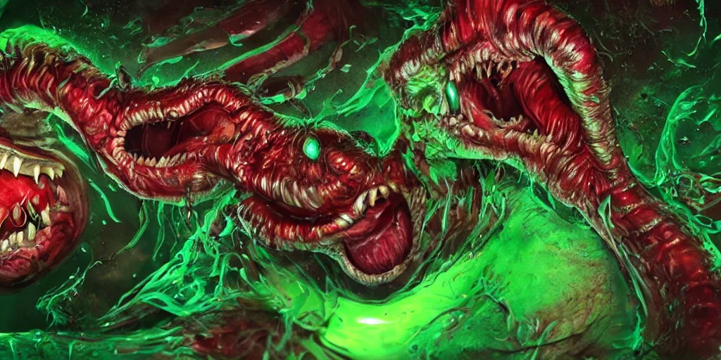Prompt: a large slimy monster a with very long slimy tongue, dripping saliva, macro photo, fangs, red glowing skin, green skin with scales, cinematic colors, tiny glowbugs everywhere, standing in shallow water, insanely detailed, dramatic lighting