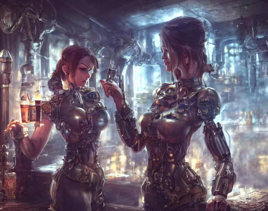 Image similar to a cyborg girl drinking jn fantasy airship tavern, steampunk, realistic fingers, realistic body, realistic clothing, beautiful texture, beautiful graphics, fantasy artwork, very beautiful scenery, hd, hdr, ue 5, ue 6, unreal engine 5, cinematic 4 k wallpaper, 8 k, ultra detailed