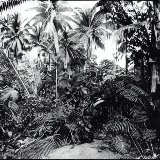 Image similar to a rizom lost film footage of a ( ( ( ( ( ( ( ( 3 d shape ) ) ) ) ) ) ) ) in the middle of the tropical jungle / tropicalism / tropicalism / tropicalism / film still / cinematic / enhanced / 1 9 2 0 s / black and white / grain