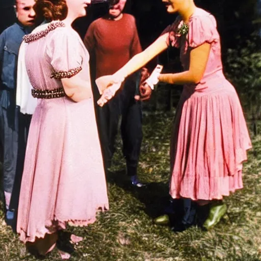 Prompt: a queen with tan skin, short, rippling dark cinnamon hair, and emerald eyes is shown meeting with the master of additional support needs in a long, medium wide shot, german and eastern european mix kodachrome slide. in a vintage historical fantasy photograph from 1 9 3 2, she is shown donning a pink dress and green jewels.