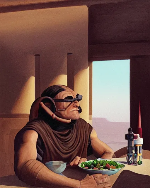 Prompt: rhett sarlin sitting at a table in a cantina on tatooine, long black hair in a ponytail, portrait by ralph mcquarrie