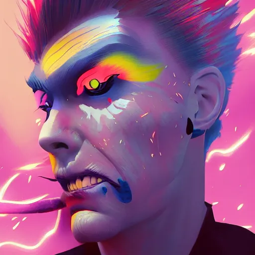 Prompt: Portrait of Ziggy Stardust as a crazy demon, mattepainting concept Blizzard pixar maya engine on stylized background splash comics global illumination lighting artstation lois van baarle, ilya kuvshinov, rossdraws