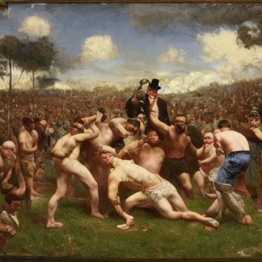 Prompt: bare knuckle boxing tournament by alfred stevens